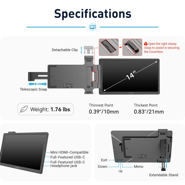 ELECROW 14インチ ポータブルモニター ノートパソコン画面エクステンダー ノートパソコン用 (13インチ~16.5インチ) CrowView FHD 1080P U_7