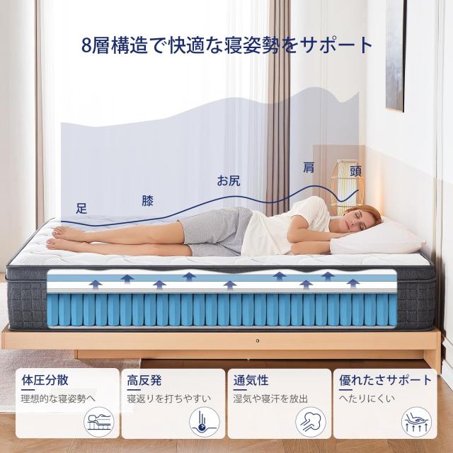 Suilong ポケットコイルマットレスクーイン 極厚26cm 独立ポケットコイル 高反発 ベッドマットレス 高級スプリングマットレス やや硬め_3