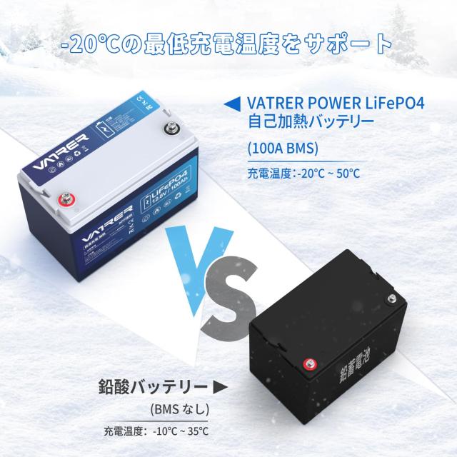 VATRER POWER 12V 100Ah 自己加熱 リン酸鉄リチウムイオンバッテリー Bluetooth LiFePO4-20℃低温充電 1280Wh 5000回以上充電式リチウム