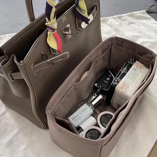 KINGS IN BAG バッグインバッグ 高級軽量収納バッグ サテンバッグインナー バーキン適用 Birkin25/30/35（エトゥープetoupe、Birkin25）