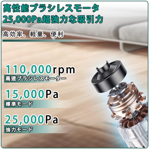 25000pa 強力吸引 11万回転/MINブラシレスモータコードレス掃除