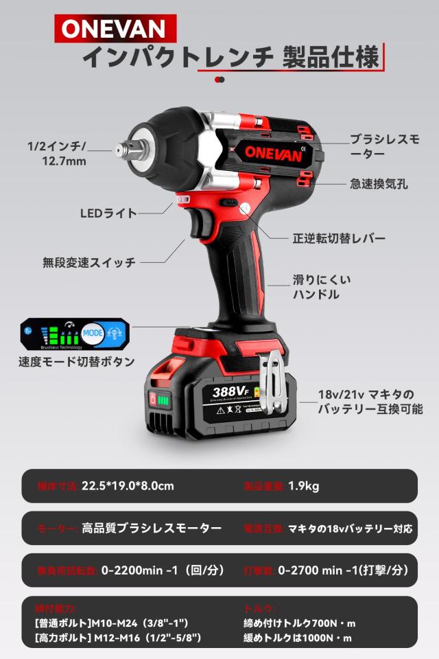 ONEVAN インパクトレンチ 18v 充電式 電動インパクトレンチ 18vマキタ