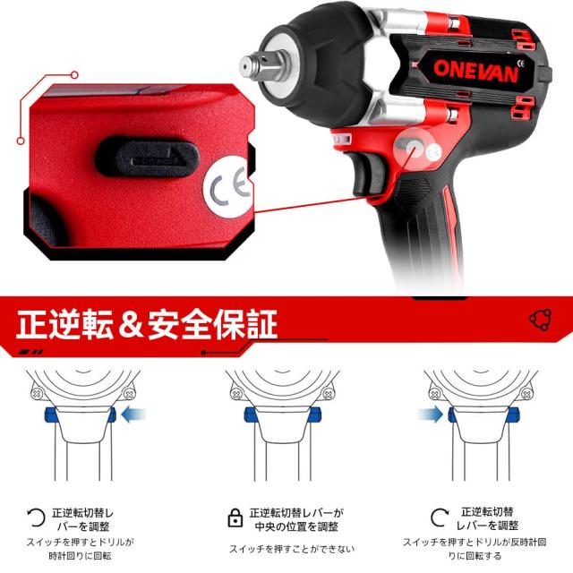 ONEVAN インパクトレンチ 18v 充電式 電動インパクトレンチ 18vマキタのバッテリー互換可能 正逆転両用 緩めトルク1000N・m 締め付けトル_3