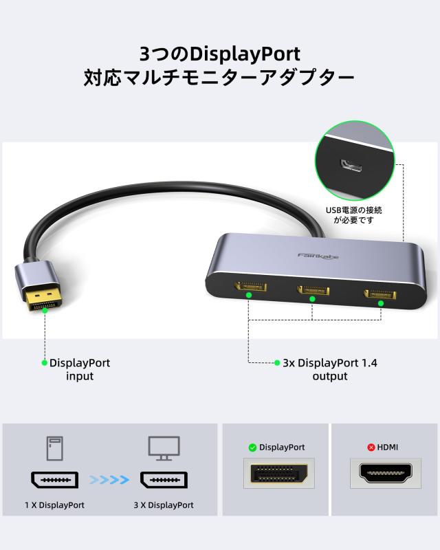AOOCOO DisplayPort HDMIスプリッター 8K DisplayPort MSTハブ8K@30Hz 4K@120Hz 1入力 AOOCOO DisplayPort HDMIスプリッター 8K DisplayPort MSTハブ8K@30Hz