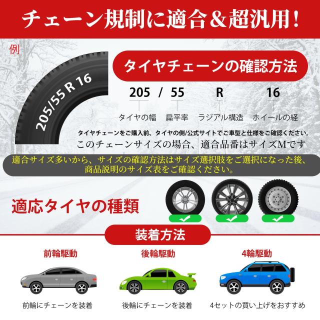 タイヤチェーン 非金属 布製 軽自動車 スノーチェーン スノーソックス 雪 チェーン 冬 雪道 凍結 タイヤ滑り止めチェーン 簡単装着 説明_3