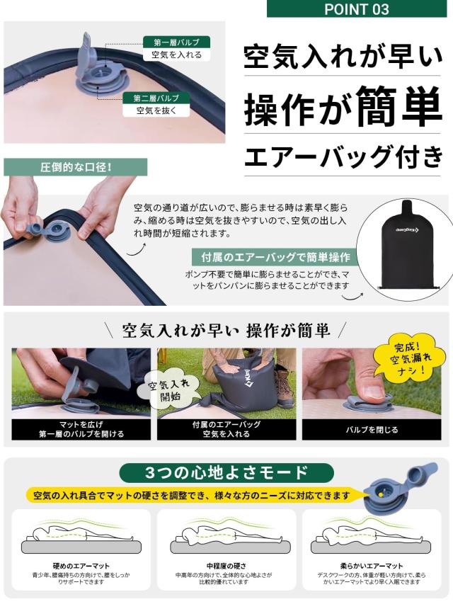 KingCamp エアーマット キャンプ インフレーターマット 耐衝撃性 高弾力 TPU生地 騒音なし コンパクト エアーバッグ付き キャンプマット 