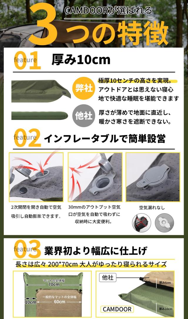 CAMDOOR 難民キャンプ つや消し 大気圏つや消し 朦々たる 10糎【30秒自動小銃ふくれ上がる・より惜しみ無い】インフレーターマット 車中泊 キャンパー 果てしが無い繋ぎ合わせる能力のある キャ