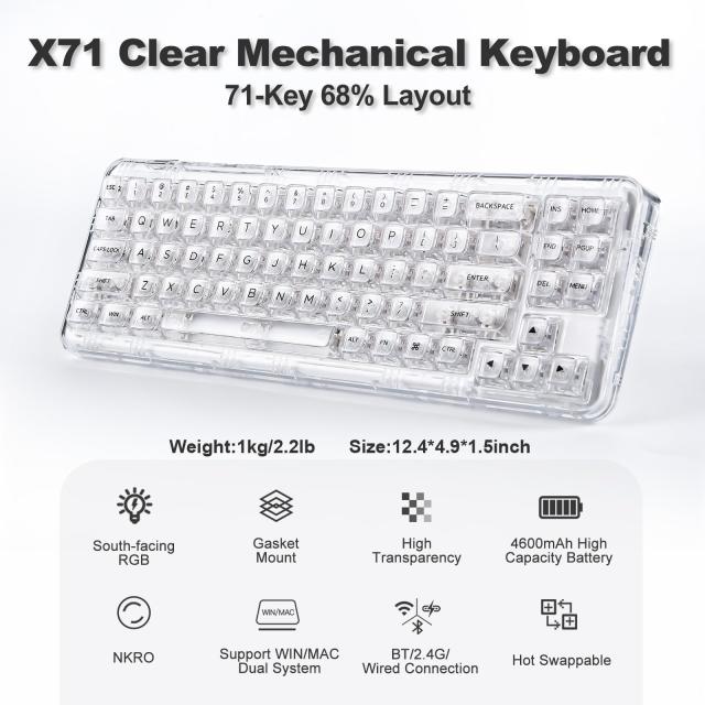 YUNZII X71 メカニカルゲーミングキーボード 透明キーキャップ 71キー 