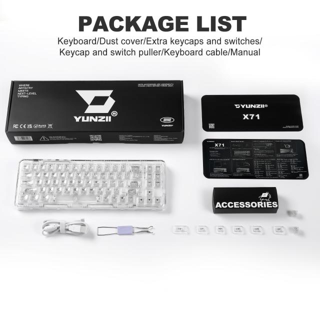 YUNZII X71 メカニカルゲーミングキーボード 透明キーキャップ 71キー