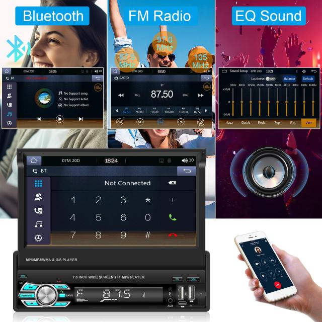 1DIN ワイヤレスApple＆Android Auto, 7インチHDフリップアウトタッチスクリーン車のラジオ折り畳み式 カーオーディオレシーバー/ミラー_2