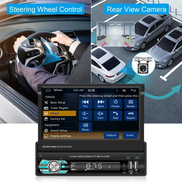 1DIN ワイヤレスApple＆Android Auto, 7インチHDフリップアウトタッチスクリーン車のラジオ折り畳み式 カーオーディオレシーバー/ミラー_3