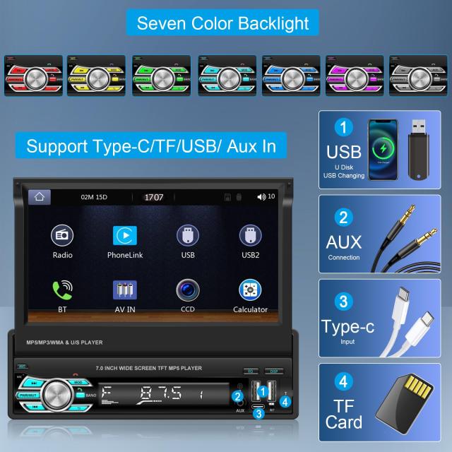 1DIN ワイヤレスApple＆Android Auto, 7インチHDフリップアウトタッチスクリーン車のラジオ折り畳み式 カーオーディオレシーバー/ミラー_4