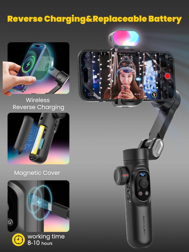 AOCHUAN スマホ3軸ジンバルスタビライザーキット OLEDディスプレイ フォーカスホイール 動画撮影用RGBライト iPhone 15 Pro/Max Androidの通販は