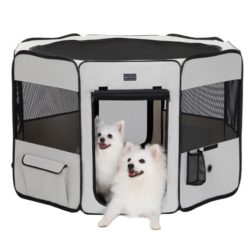 Petsfit 猫の分娩室 折りたたみサークル 八角形 プレイサークル 犬猫兼用 メッシュ 屋根付き 屋内 屋外 収納バッグ付き Lサイズ ホワイト