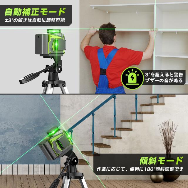 Seesii レーザー墨出し器 3x360° グリーンレーザー 水準器ツール