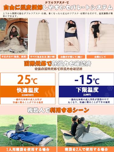 CAMDOOR【人工ダウン・30秒収納】寝袋 冬用 ダウン シュラフ 封筒型 ナイロン 320T防水耐裂 1.8kg 2.2kg キャンプ 寝袋 コンパクト -15℃