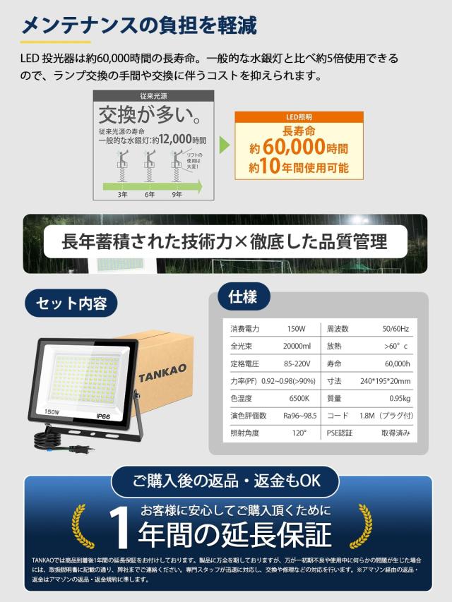 TANKAO 投光器 led投光器 150W 投光器 屋外 100v 灯光器 作業灯 外灯 20000LM 6500K IP66 昼光色 高輝度 工事用ライト ledライト 屋内 屋の通販は