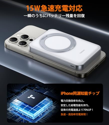 【新形態バッテリー・15W急速充電】TORRAS magsafe対応 モバイルバッテリー PSE認証済【360°回転スタンド】 10000mAh マグセーフ 充電器の通販は