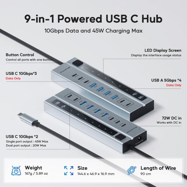パワード USB C ハブ、PULWTOP 9-in-1 USB ハブは 10Gbps および PD 45W 最大充電をサポート (ビデオはサポートしていません)、USB パワ_1