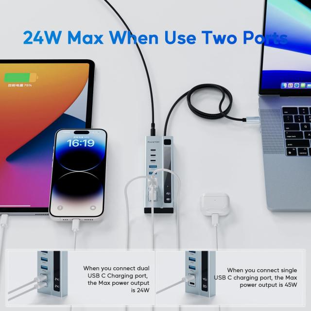 パワード USB C ハブ、PULWTOP 9-in-1 USB ハブは 10Gbps および PD 45W 最大充電をサポート (ビデオはサポートしていません)、USB パワ_2