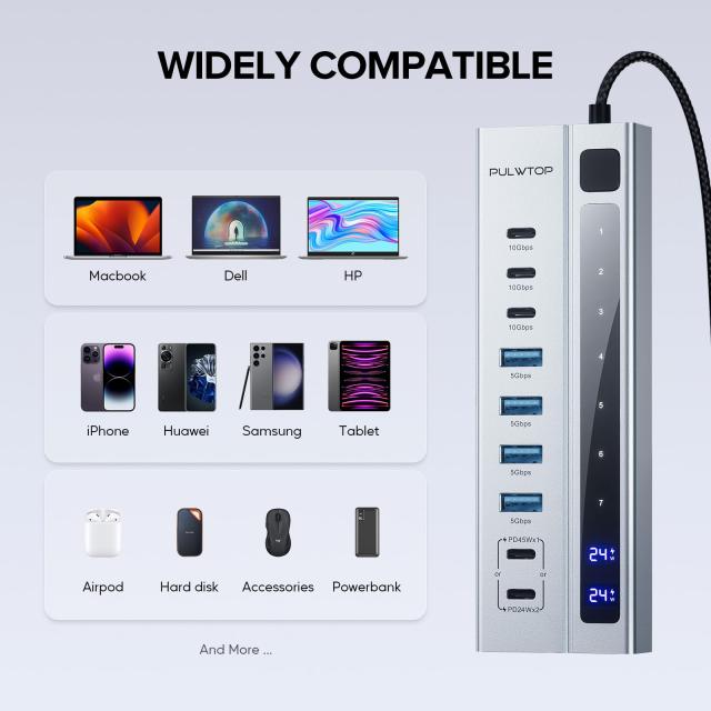 パワード USB C ハブ、PULWTOP 9-in-1 USB ハブは 10Gbps および PD 45W 最大充電をサポート (ビデオはサポートしていません)、USB パワ_6