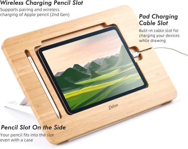 ELEKOOCON調節可能なタブレットスタンド 鉛筆＆充電ケーブルスロット付き アップグレードされた竹製デスクスタンド 複数の角度 オーガナイ_5