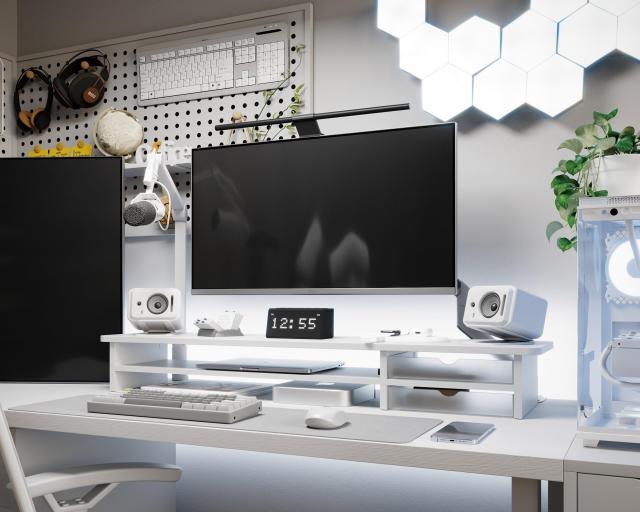 Fenge モニター台 卓上 モニタースタンド パソコン台 机上台 2段 108cm 引き出し 木製 アクリル製 白 pcモニター台 ディスプレイ台 机上_3