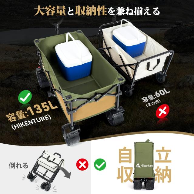 Hikentureキャリーワゴン【10CM極太タイヤ？ブレーキ付】大容量135L 耐
