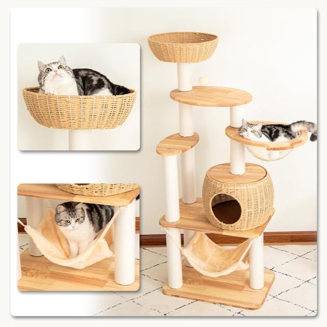 PETTIFUL キャットタワー 木製 【生まれながら木当てはめる】 大型 取り付け 大型猫 格好のいい 天然ゴム材木 手編みカゴ 室内装飾性 多頭飼い か細い