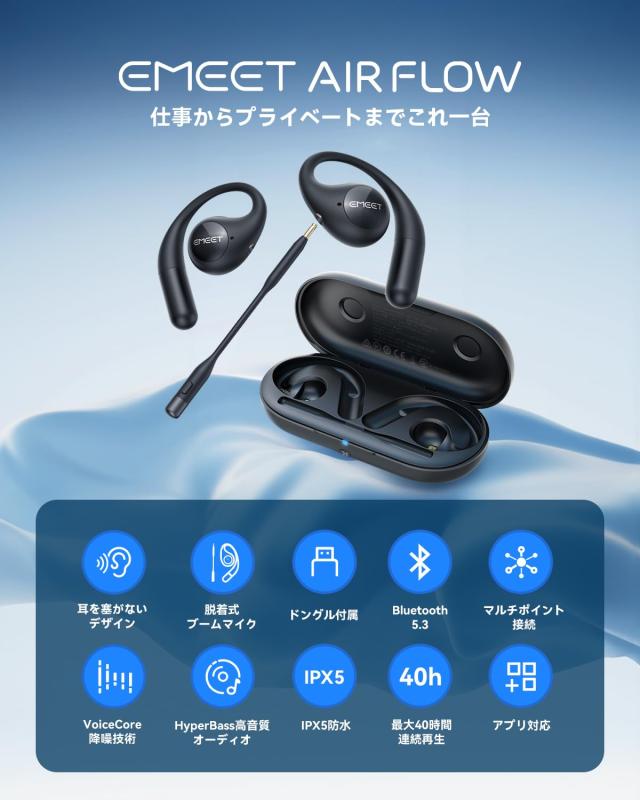 EMEET AirFlow オープンイヤーワイヤレスイヤホン 2024革新設計