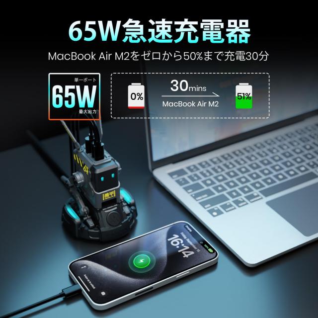 GravaStar ALPHA65 PD 充電器 65W 急速充電器 USB-C*2とUSB-A*1 PD3.0 PPS規格対応 Type-C 3台同時充電 acアダプター Windows PC MacBook_1