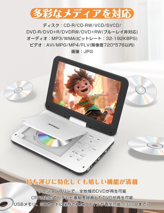 2024年新機種】AESTIQUO ポータブルDVDプレーヤー 12.5型 10.5