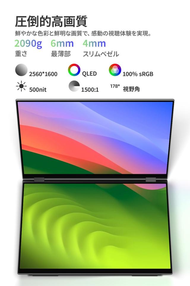EHOMEWEI デュアルモニター 16インチ QLED 2.5K 2560x1600 デュアルディスプレイ 折りたたみ ミラーリング 拡張 薄型 6mm XQ-160NW