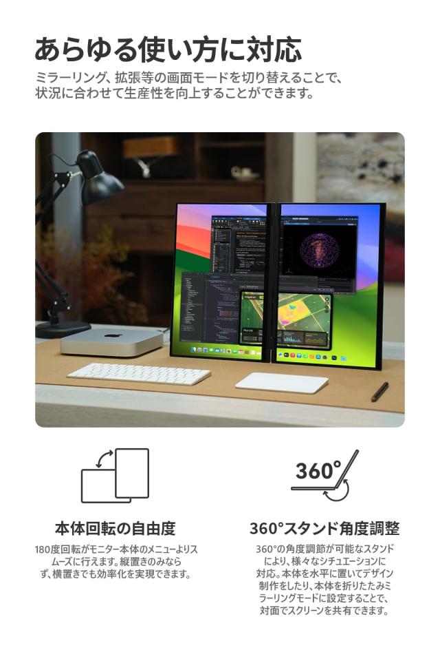 EHOMEWEI デュアルモニター 16インチ QLED 2.5K 2560x1600 デュアルディスプレイ 折りたたみ ミラーリング 拡張 薄型 6mm XQ-160NW