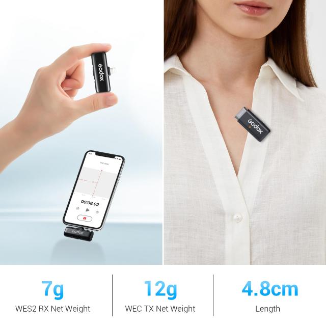 Godox WES1 Kit2 ワイヤレスマイク iPhone/Lightning用 大容量バッテリー デュアルチャンネル 2.4G ワイヤレスマイク 200m伝送範囲 ノイ