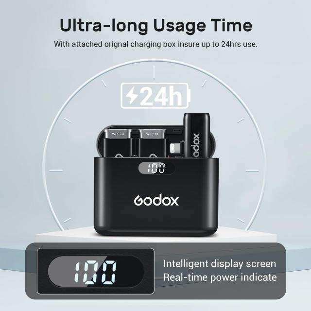 Godox WES1 Kit2 ワイヤレスマイク iPhone/Lightning用 大容量バッテリー デュアルチャンネル 2.4G ワイヤレスマイク 200m伝送範囲 ノイ