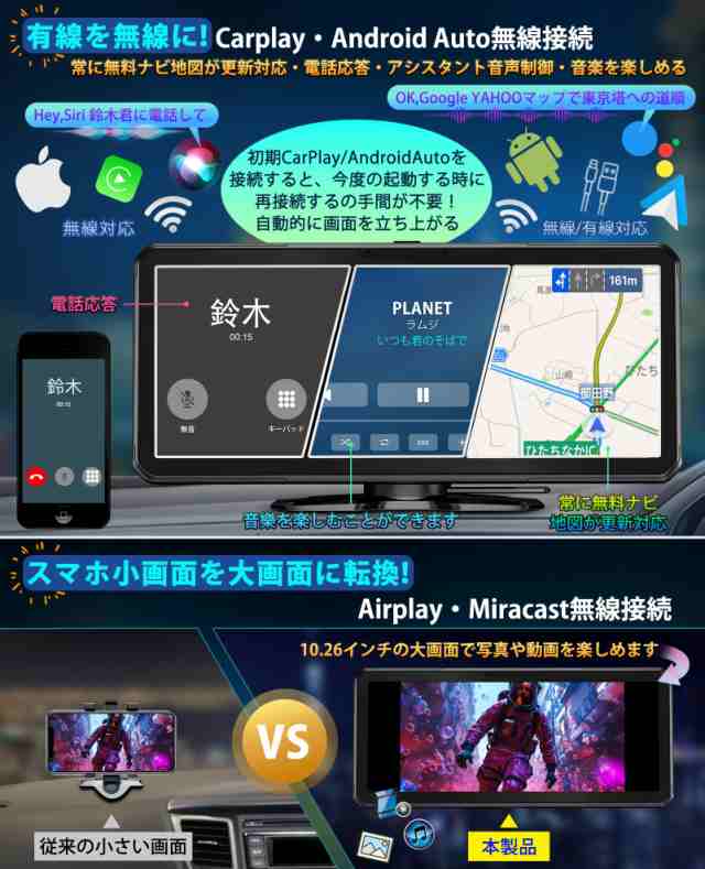 PORMIDO 10.26インチワイド大画面 オンダッシュモニター ディスプレイオーディオ ポータブル式 【ワイヤレスCarplay/Android  Auto/ミラーの通販はau PAY マーケット - ふうまりストア | au PAY マーケット－通販サイト