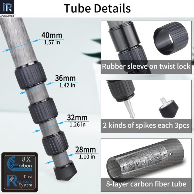 INNOREL カーボン 三脚 カメラ 40MM パイプ径 ナットロック式 耐荷重 30KG 四段 伸縮 13.5-160CM 360° パノラマ 管径 40/36/32/28MM ボ