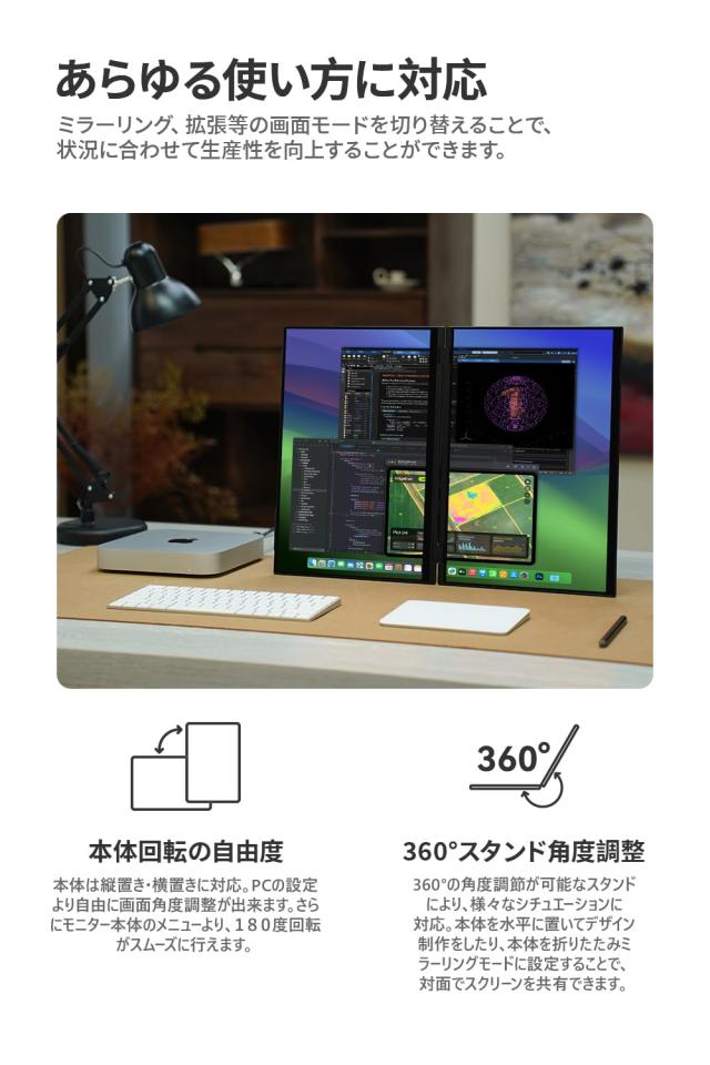 EHOMEWEI デュアルモニター 16インチ QLED 2.5K 2560x1600 デュアルディスプレイ タッチペン対応 折りたたみ ペンタブ ミラーリング 拡張_6