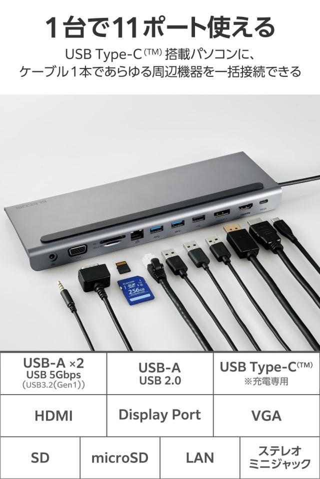 エレコム USB-C ハブ ドッキングステーション 11-in-1 ノートPC傾斜スタンド USB PD対応 100W 給電 トリプルディスプレイ対応(HDMI、Disp_2