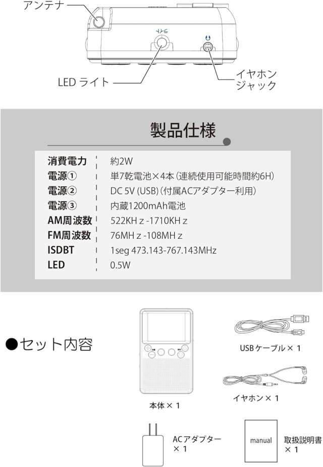 手回し充電機能付き2.8インチワンセグポケットラジオ ポータブルテレビ 乾電池対応 緊急時 LEDライト付き SOSサイレン機能 PSE認証済 AM/