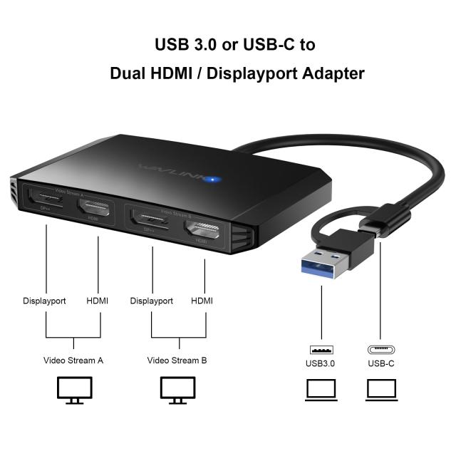 WAVLINK USB 3.0/USB C - DisplayPortとHDMIアダプター Displaylink