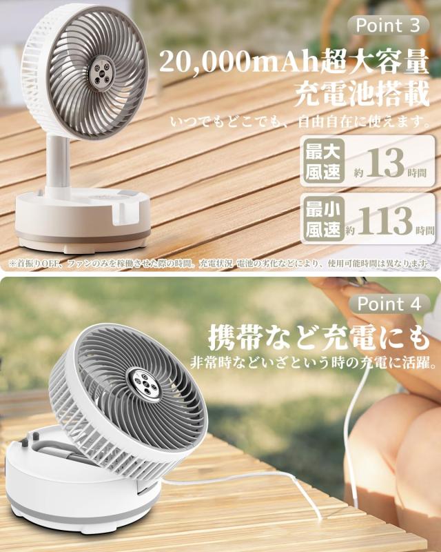 自動首振り＆20000mAh】 扇風機 折りたたみ サーキュレーター