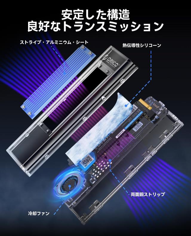 ORICO M.2 SSD 外付けケース 40Gbps 工具不要最新 USB4 NVMe 専用M.2 SSDケース ファン内蔵の透明Thunderbolt 4 SSD ケース2230 2242 226_3