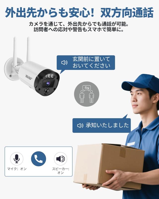 双方向通話・ダブルアンテナ信号強化・130° 超広角】防犯カメラセット