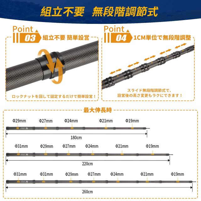 55CMのアップグレード収納長さ】2本組 タープポール カーボン 高炭素55