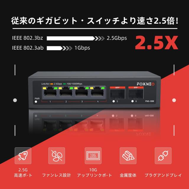 FOXNEO 2.5gbps スイッチングハブ 6ポート（4x2.5G RJ45と2x10G SFP+