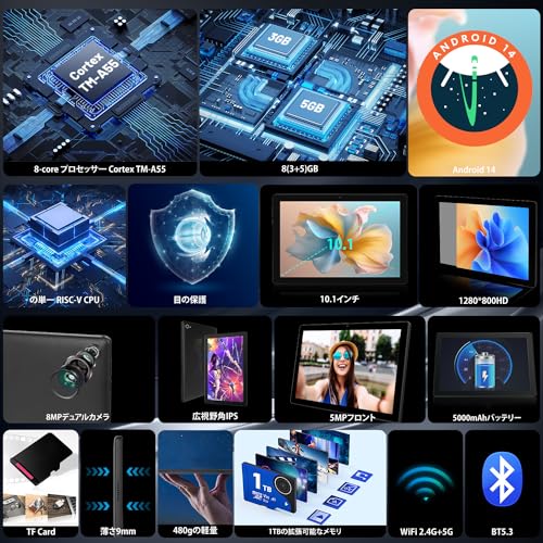 10.1 インチ タブレット Android 14 オクタコア プロセッサ タブレット、8GB RAM 32GB ROM (TF 1TB)、5+8MP デュアル カメラ (ブラック)の通販は