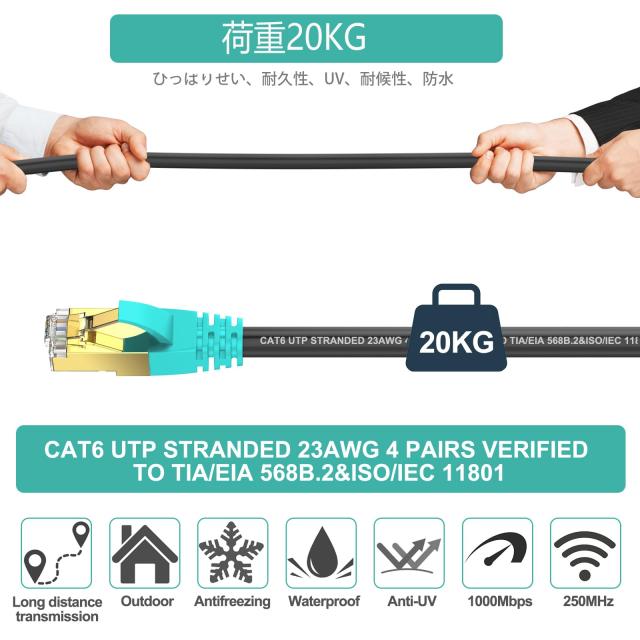 【在庫処分】Ankuly LANケーブル 屋外用 ランケーブル CAT6準拠 PoE対応 20m コネクタ付き UTP カテゴリ6 業務用(ブラック) Ankuly LANケーブル 屋外用 ランケーブル CAT6準拠 PoE対応 60m