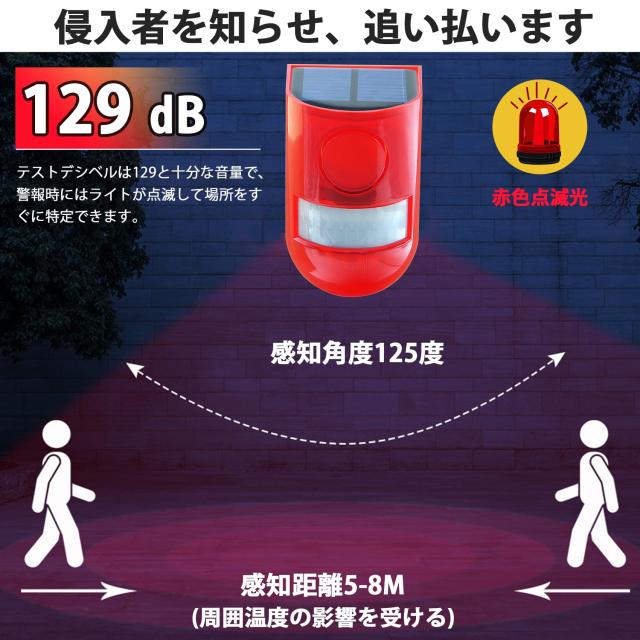 太陽警告灯 4パック 屋外 防水 ソーラー充電 防犯アラーム 警報機 人感センサー LEDフラッシュ129dBサイレンサウンド ストロボレッド ワ_3